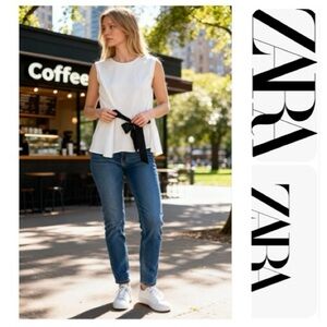 Zara white black tie top Blouse